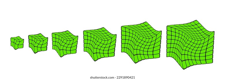 Green Cubes concept on white background. Set of digital cubes. Graphic object from smaller isometric cubes. Optical illusion. 3d vector illustration. Geometric figure icon.