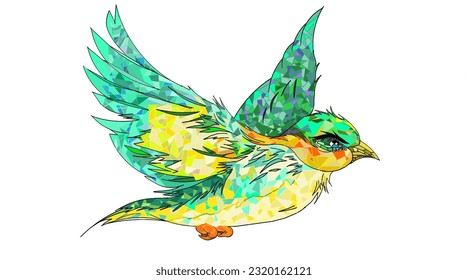 green cucak bird flying, geometris colors, white background, vector ilustration