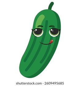 Green cucumber character with cute face and licking expression, ideal for food design, gardening visuals, kids materials, or healthy lifestyle illustrations