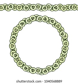 Green Cucumber or Gerkin Circle Slices. Endless Pattern Brush, Round Garland. Wreath or Frame. Fresh Ripe Vegetable Salad Healthy Vegetarian Menu. Hand Drawn Vector Illustration. Savoyar Doodle Style.