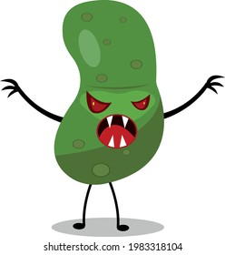 green cucumber monster cartoon character with evil red eyes and sharp teeth scares and poses on a white background halloween and plants concept