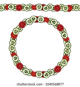 Green Cucumber and Red Tomato Slices. Endless Pattern Brush, Round Garland. Wreath or Circle Frame. Ketchup Logo or Vegetable Salad. Hand Drawn Vector Illustration. Savoyar Doodle Style.