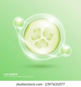 Green cucumber slice in bubble surrounded by collagen solution serum for cosmetic beauty nutrition. Fruits rich in vitamins from natural. Vitamin E essential to the health skin care. Vector.