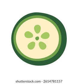 A green cucumber slice with a flower design on it. The cucumber slice is cut in half and the flower design is in the middle