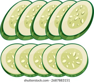 Fatias de pepino verde organizadas em linhas, estilo de vetor plano, linhas limpas, paleta de cores simples