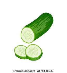 Green cucumber with slices in flat design. Natural organic vegetable. Vector illustration isolated.