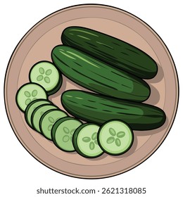 green cucumber slices salad ingredient isolated vector illustration on white background