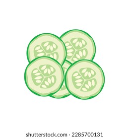 Ilustraciones de dibujos animados sobre el vector de pepino verde lleno y rodajas de fruta de alimentos