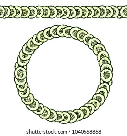 Green Cucumbers or Gherkin Slices with Seeds Arranged Like Domino. Endless Pattern Brush, Round Garland. Wreath or Frame. Fresh Vegetable Salad. Hand Drawn Vector Illustration. Savoyar Doodle Style.