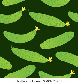 green cucumbers on a dark background. Endless seamless print with juicy vegetables