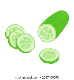 Green cucumbers on a white background. Sliced wedges. A useful vegetable, diet food. Vector isolated illustration