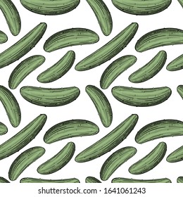 Green cucumbers. Seamless pattern background with green cucumbers. Vintage color engraving stylized drawing. Vector illustration