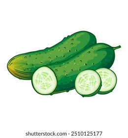 Pepinos verdes, inteiros e fatiados, ilustração vetorial isolado no fundo branco, eps10
