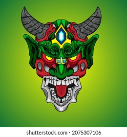 Green Culture Demon devil with horn as king of satan illustration for tshirt design or main element of poster japan style.