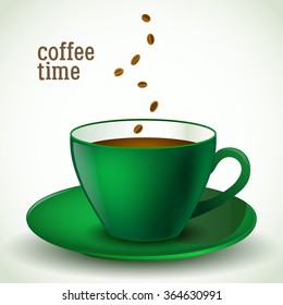 Green cup of black coffee and beans on a white background.