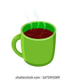 Green Cup with black tea, coffe, cocoa or other hot drink. Vector isolated illustration in cartoon style on white background