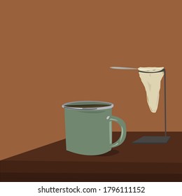 green cup of coffee on a table with coffee processing filter to its side