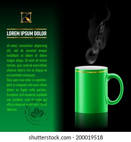 Green cup of coffee stay on black background. Next sheet of paper with the test