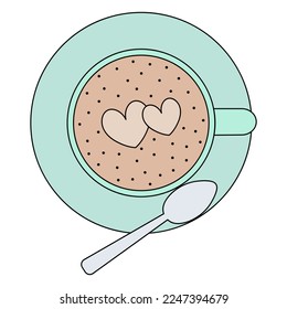 Green cup with coffee. View from above. There is a spoon on the saucer. Foam on a drink in the form of hearts. Latte art. Color vector illustration. Flatlay style. Symbols of love on a drink