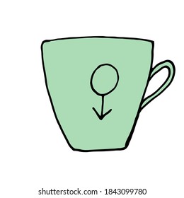 Green cup in doodle style with the symbol of Mars, men. Vector over white background.
