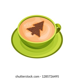 Green cup of fresh coffee with drawing of fir tree on foam of cinnamon powder. Latte art. Flat vector icon