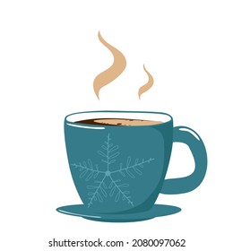 A green cup of hot aromatic coffee for a good mood and a holiday. Vector illustration in hand-drawn style, isolated on a white background
