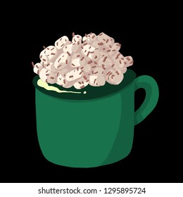 Green cup of hot chocolate with marshmallows. Winter dessert beverage. Vector illustration cartoon flat icon isolated on white.