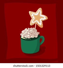 Green cup of hot chocolate with marshmallows. Winter dessert beverage with star cookie. Vector illustration cartoon flat icon isolated on white.