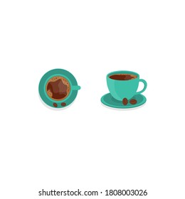 Green cup of hot coffee on a white background.
