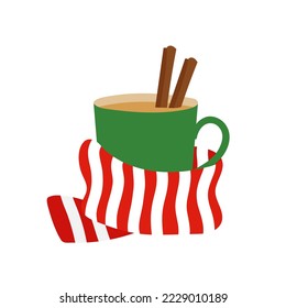 Green cup of hot drink, cinnamon sticks and red scarf. Template for cozy winter or autumn design. Isolated vector illustration. 