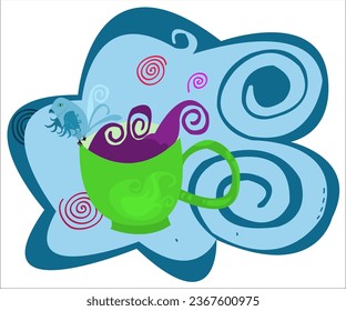 A green cup of hot drink and a cute blue bird on the edge of the cup, romantic, vintage background. This cartoon illustration can be used as a logotype for cafes, bars, shops. Vector, isolated.