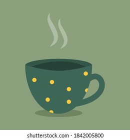 Green cup of hot tea or coffee with yellow polka dot.