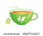 Green cup of hot tea icon vector. Hot tea in a green cup vector. Tea bag in a mug vector. Green cup with tea leaf icon isolated on a white background