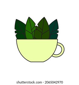 Copa verde con hoja. Icono de té verde. Símbolo natural de la bebida. Decoración artística. Ilustración vectorial. Imagen de archivo.