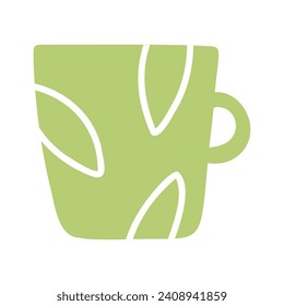 Green cup mug isolated vector icon. Single object clipart mug with handle. Flat colored design. Cup of coffee, tea, hot drink, cacao. Cute design element.