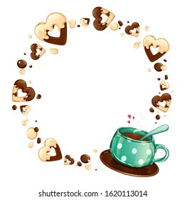 A green cup in a polka dot pattern with hot tea, a round frame of heart cookies in white and dark chocolate glaze and chocolate drops. Cartoon food and drinks on a white background.