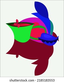 A green cup with red beverage and a tasteful blue dessert. An exotic illustration can be used as a logotype for food organizations. Vector illustration.