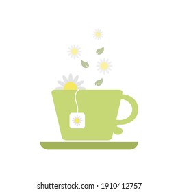Green cup and saucer-flat icon.A mug with a tea bag and a green leaf. A cup of steamed green tea.Herbal Tea