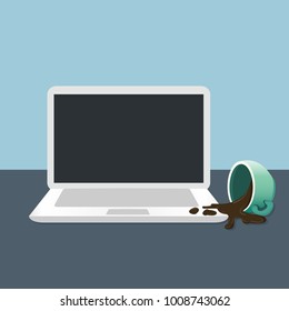 green cup Spilled coffee on laptop concept