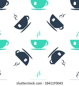 Green Cup with tea bag icon isolated seamless pattern on white background. Vector.