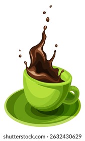 Xícara verde de chá ou café isolado em um fundo branco. Ilustração vetorial. Ilustração desenhada à mão, não IA