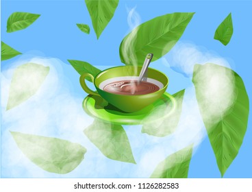 green cup with tea of coffee on cloud