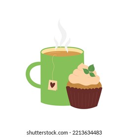Green cup of tea and cupcake with whipped cream. Hand drawn flat style design. Isolated vector illustration