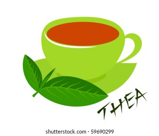 A green cup of tea with fresh tea leaves and thea caption. Five o'clock