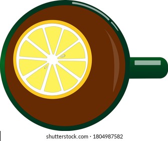green cup with tea and lemon. view from above. vector illustration
