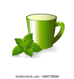 Copa verde con té verde. Hojas de menta. Monocromo.