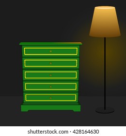 Green cupboard with lamp. Furniture for Interior. Classical  living room. Flat style. Vector illustration.