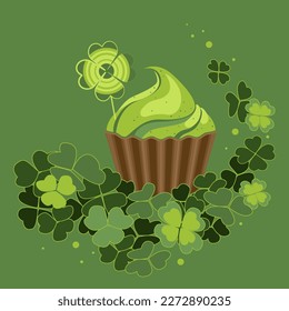 A green cupcake with four clovers on it. Vector illustration.