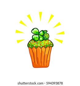 Green cupcake and four leaf clover sprig on top, sketchy illustration. Happy St Patricks Day. Vector design element, hand drawn cake clipart isolated on white, colors of Irish national flag