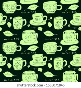 Green cups, leaves and tea bags with outline are isolated on dark green background. Seamless vector illustration in Doodle style, sketch